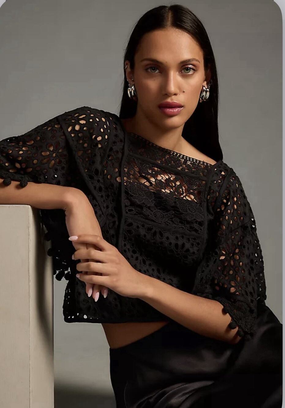 By Anthropologie Boat-Neck Victorian Cutwork Pom-Pom Blouse Size Small Black
